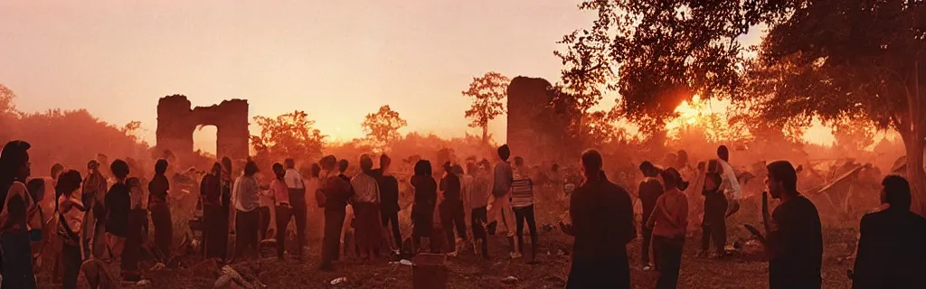 Prompt: group of humans huddled around a bonfire in a decaying building with the world outside overgrown and in ancient architecture ruins from a higher perspective with dramatic lighting photographed with an animorphic lens, rendered in a cinematic hazy dusk sunset golden hour atmosphere photographed by robert frank