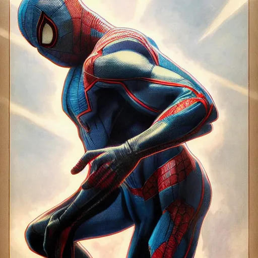 Image similar to ryan reynolds as a black and blue suit spider - man, cinematic, volumetric lighting, f 8 aperture, cinematic eastman 5 3 8 4 film, photorealistic by greg rutkowski, by stanley artgerm, by alphonse mucha