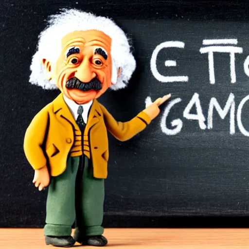 Prompt: claymation miniature scene of albert einstein standing in front of miniature blackboard writing lots of mathematical formulas with chalk, anatomically correct, hands retouched