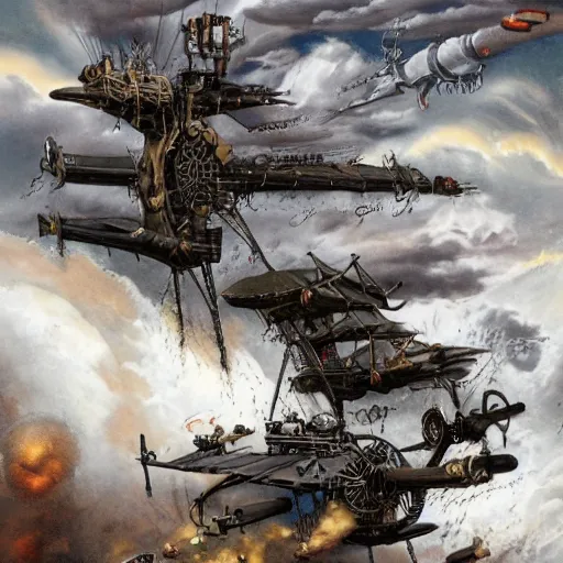 Image similar to a flying steampunk fortress, explosive storm, behrens style