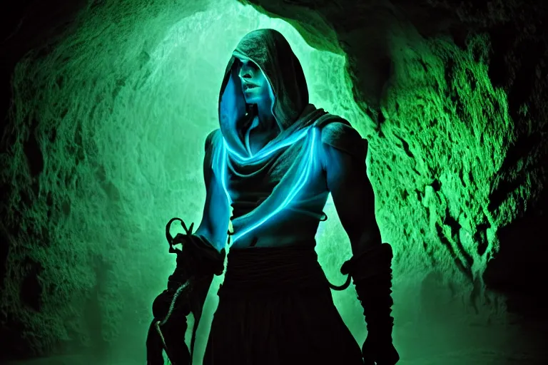 Image similar to vfx film, soul reaver, raziel irl, price of persia movie, missing jaw, hero pose, devouring magic souls, scarf, hood, glowing green soul blade, in epic ancient sacred huge cave temple, flat color profile low - key lighting award winning photography arri alexa cinematography, hyper real photorealistic cinematic beautiful, atmospheric cool colorgrade