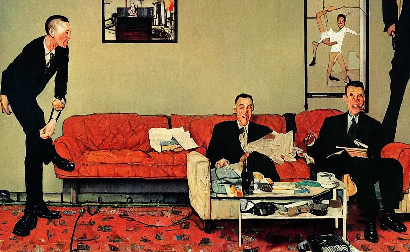 Prompt: a thin man jumps over a telephone beside a sofa in a dark living room, painted by rick berry and norman rockwell, highly detailed