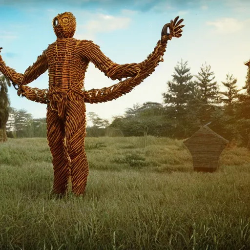 Image similar to highly detailed, the wicker man, by wes anderson, octane render, unreal engine