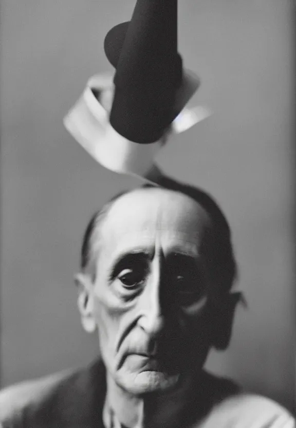Image similar to a close - up casual photo of marcel duchamp trapped inside a readymade object, blurry, 1 9 2 0 s monochrome snapshot, graflex 4 x 5, f 1. 8, 3 5 mm, ilford delta 3 2 0 0 pro