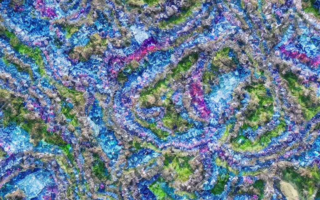 Image similar to beautiful landscape made of crystals, epic scale, aerial view, trending on artstation