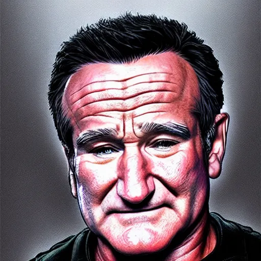 Prompt: Very very very very highly detailed epic photo of Robin Williams, intricate, dystopian, sci-fi, extremely detailed, digital painting, artstation, concept art, smooth, sharp focus, illustration, intimidating lighting, incredible art by Artgerm and Vincent di Fate