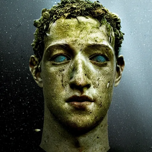 Image similar to Award-winning photograph by Mar Mann. The photo depicts a decaying roman bust of Mark Zuckerberg overgrown with moss at the bottom of the sea in the middle of ruins of civilization. Minimalism, high definition, perfect composition. Deep sea picture. Very dark. Volumetric Lighting. Fish. Darkness. Ruins