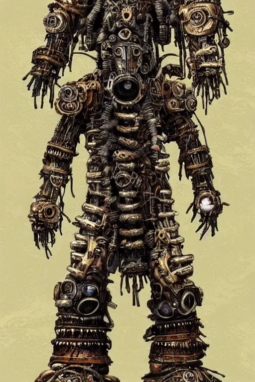Image similar to wild monstorous anthropomorphic biomechanical bear shaman-warrior wearing and voodoo artifacts. Wearing dreadlocks made of cables and wires. Upgraded with hightech cyberwares. huge, big, giant bear human hybrid, mecha animal, tall, detailed woodcut armor, terrifying and dangerous, scary, beautiful, steampunk monster android hybrid art portrait, matte scifi fantasy painting, half robot half bear. DeviantArt Artstation, by Jason Felix by Steve Argyle by Tyler Jacobson by Peter Mohrbacher, cinematic lighting