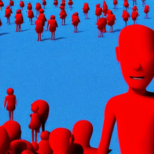 Image similar to a red person inside a giant herd of blue people, pixar graphics quality