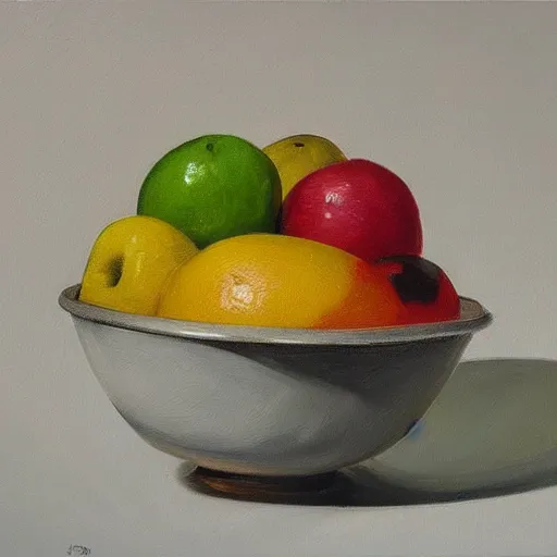 Prompt: a hyperrealistic painting of fruit in a bowl