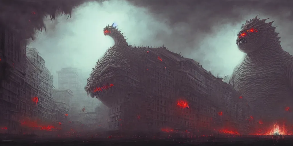 Image similar to kaiju - like mao zedong destroying buildings, detailed intricate illustration, dark atmosphere, detailed illustration, hd, 4 k, digital art, overdetailed art, by greg rutkowski, by loish, complementing colors, trending on artstation, deviantart