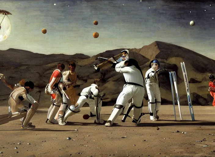 Image similar to a cricket match on the moon by edgar maxence and caravaggio and michael whelan and delacroix style, artistic, intricate painting, cinematic lighting, hyper realistic, extremely detailed, establishing shot, 8 k resolution, dramatic lighting