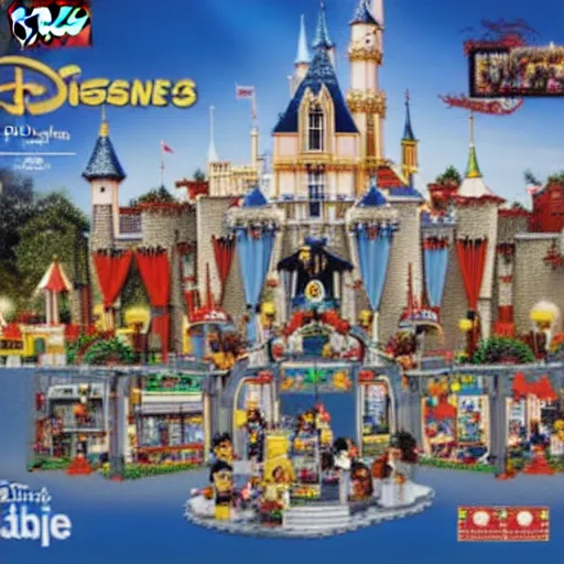 Image similar to Box art for a LEGO set of the entire Disneyland park