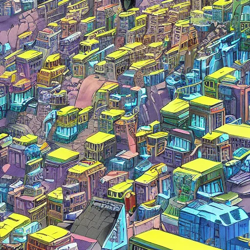 Image similar to futuristic city on a mountainside, colorful city, megacity, clouds on mountain, buildings on mountainside, looking down street, ultra - long street, liminal spaces, sloped street going down, downward slope, cel - shading, cel - shaded, 2 0 0 1 anime, bright sunshine