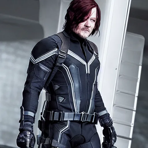 Image similar to Norman Reedus as Black Widow from The Avengers, cinematic photo