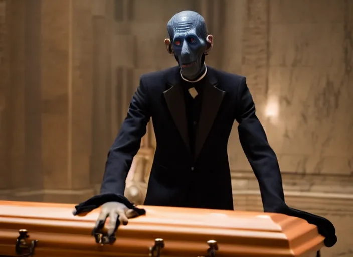 Image similar to Ebony Maw working as a funeral director in the new avengers movie, 4k