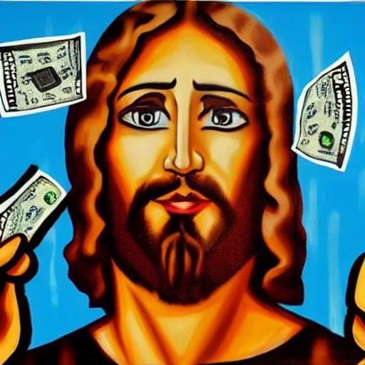 Image similar to painting of Jesus in the style of Alec monopoly, raining money