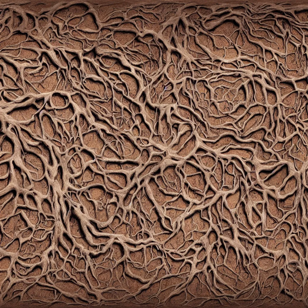 Image similar to a digital topdown painting of nightmare horror mud with bricks thick tree roots and many muddy body parts, faces rising from the ground.