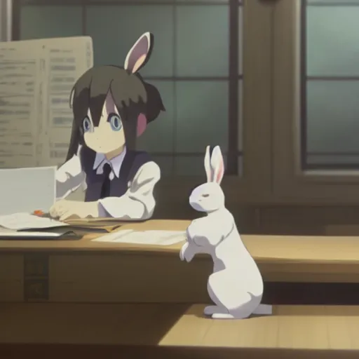 Image similar to A white bunny rabbit sitting at a desk, Makoto Shinkai