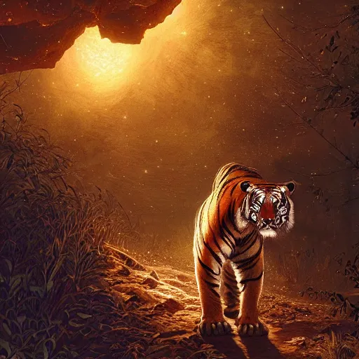 Image similar to out in the dark, among the stars, the tiger is dead by barclay shaw, andreas rochas, dan mumford craig mullins., intricate details, illustration, dynamic lighting, unreal engine, featured on artstation, soft glow