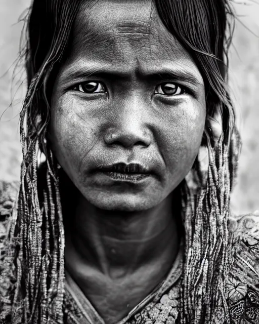 Image similar to Award winning Portrait photo of a Native Myanmarese with hyper-detailed hair and beautiful eyes wearing traditional garb by Lee Jeffries, 85mm ND 5, perfect lighting, gelatin silver process