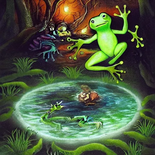 Image similar to mischievous forest spirit darts through the air over a frog pond at night. magic swirls in the air. the spirit grins with glee. by kevin walker, by greg staples, by daarken, by terese nielsen,