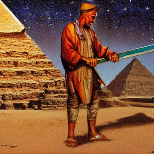 Prompt: painting of a man cutting wood in front of egypt pyramids, painted by drew struzan