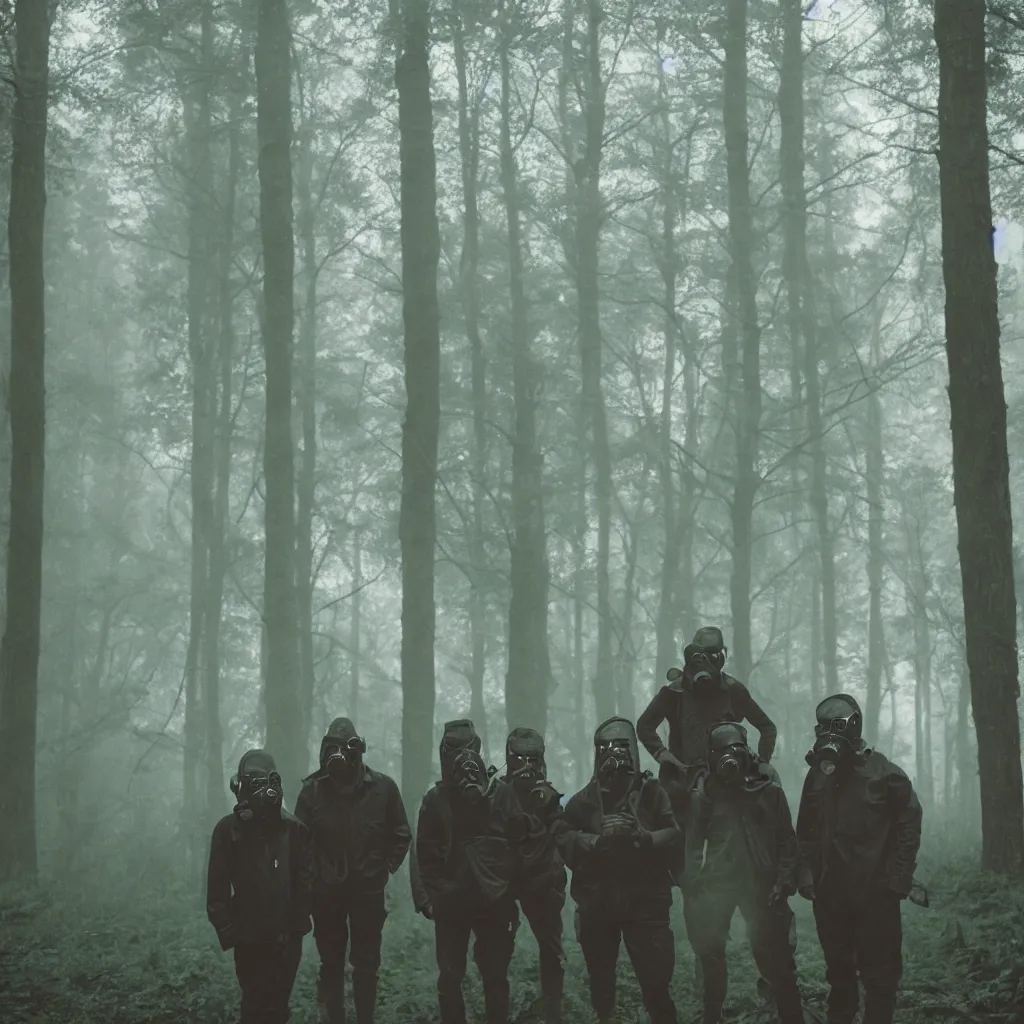 Image similar to high realistic photo portrait group of men with gas masks in a foggy forest, cinestill 800t 35mm, heavy grain, high quality