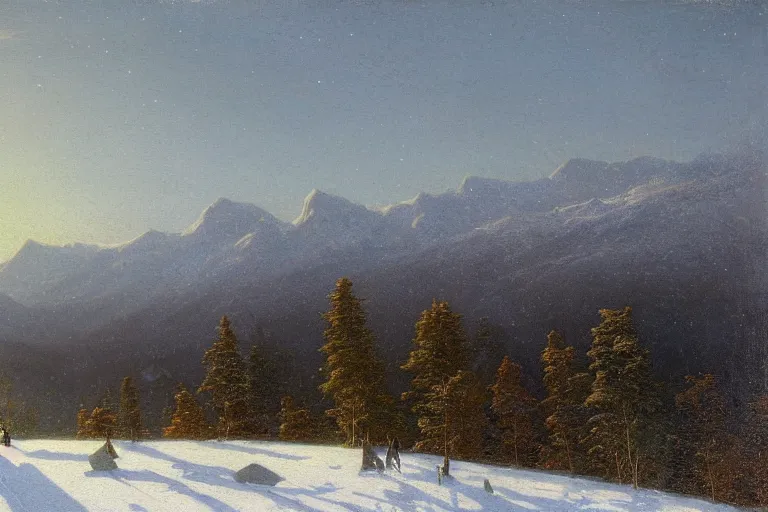 Prompt: mountains, trees, beautiful nature, winter, night, stars, snow, very detailed, focused, oil painting, colorful, canvas, artstation, Sydney Mortimer Laurence, Albert Bierstadt, Theodor Kittelsen