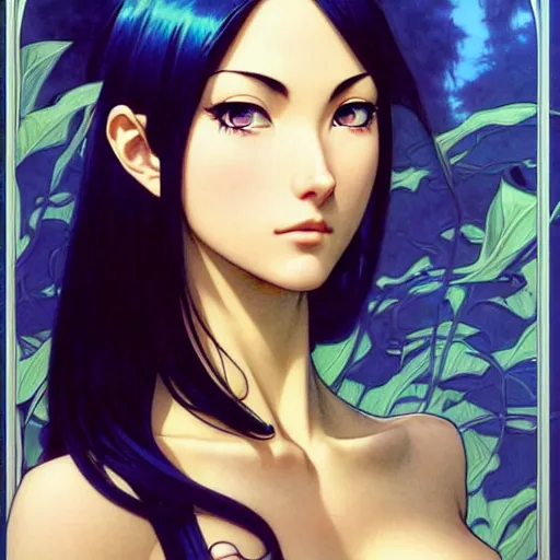 Image similar to intricately detailed vfx portrait of nico robin by eiichiro oda!, makoto shinkai, alphonse mucha, art by artgerm and greg rutkowski!, blue eyes!!, large aquiline nose!!, best of behance, concept art, matte, sharp focus, adolphe bouguereau, annie leibovitz, stanley kubrick,