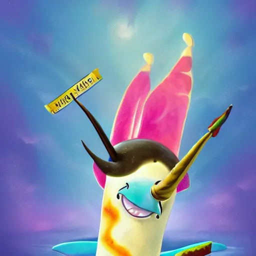 Prompt: a painting of a narwhal with a sandwich impaled on it's horn by lisa frank, trending on artstation, 8 k, unreal engine