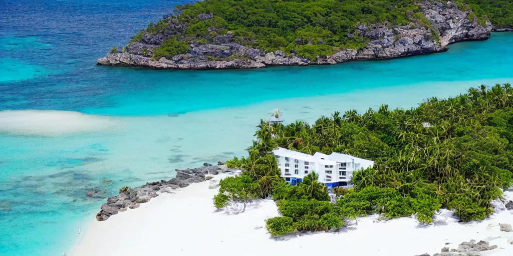 Image similar to photo of an small island with a white beach and a small hotel on it, stunning landscape
