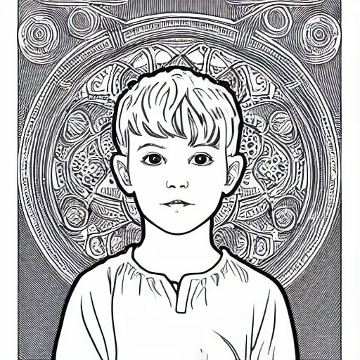 Image similar to clean simple line art of a little boy with short hair. no background. plain white background. well composed, clean coloring book page, beautiful detailed face. coloring book line art by greg rutkowski and johanna basford and alphonse mucha