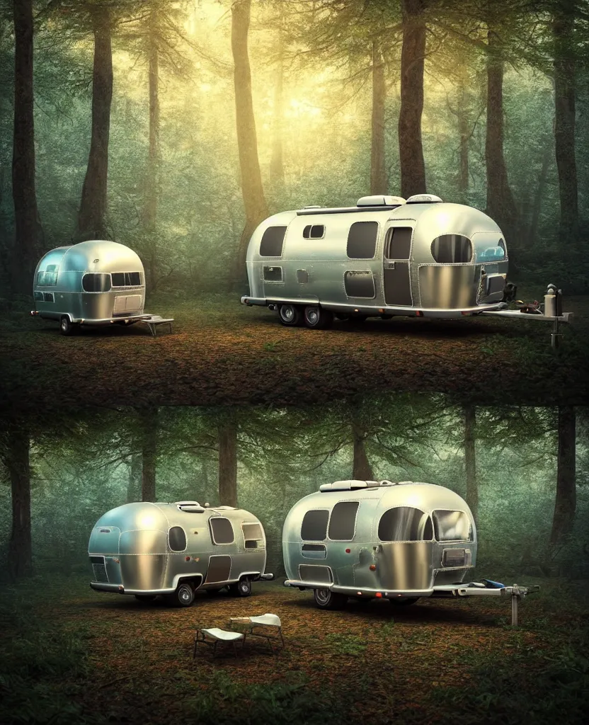 Image similar to image of a sylish vintage airstream camper in magical forest, photorealistic, digital painting, artstation, intricate artwork by Tooth Wu and wlop and beeple. octane render, trending on artstation, greg rutkowski very coherent symmetrical artwork. cinematic, hyper realism, high detail, octane render, 8k