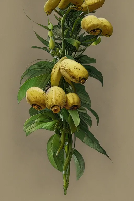 Image similar to ultra realistic illustration, banana plants drawing and flowers, elegant, highly detailed, digital painting, concept art, smooth, sharp focus, illustration, art by greg rutkowski and alphonse mucha