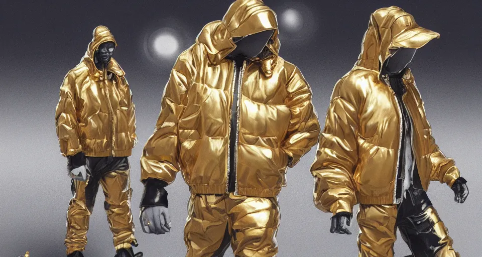 Image similar to 3 d sculpture of hip hop robots wearing big oversized puffy jackets, gold chains and sneakers, digital art, highly detailed, digital painting, artstation, concept art, smooth, sharp focus, illustration, artbook, splash art, promo art, h 9 6 0