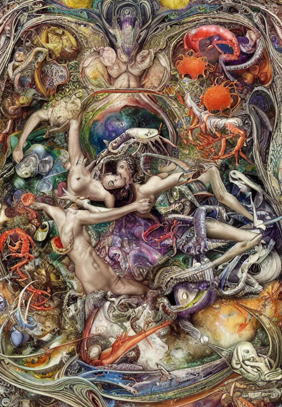 Prompt: simplicity, colorful muscular eldritch bodies and mollusks and crabs radiating around fractal, mandala white bones, colorful gems, brush pen, by h. r. giger and esao andrews and maria sibylla merian eugene delacroix, gustave dore, thomas moran, pop art, chiaroscuro, biopunk, art nouveau