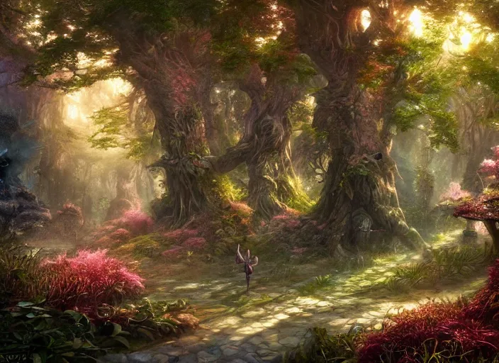 Image similar to desktop background, magical fantasy forest, saytr, path traced, highly detailed, high quality, digital painting, by studio ghibli, lise deharme, alexander jansson, paul lehr, tim white, hans zatzka, george stubbs, louis wain