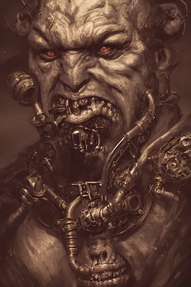 Image similar to Portrait of a scary steampunk orc bouncer,, character design, fantasy, intricate, cinematic lighting, highly detailed, digital painting, artstation, concept art, smooth, sharp focus, illustration, art by WLOP and Ross Tran