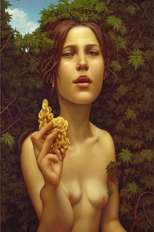 Prompt: a portrait of a girl get eating by cannabis vine art by christophe vacher