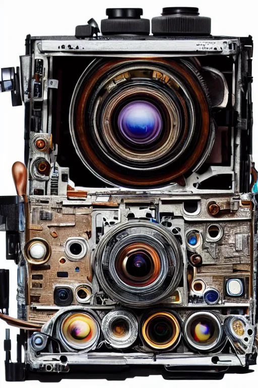 Prompt: A photo of an old opened camera, internals revealed, the most complex looking machine ever made by Annie Lebovitz and Steve McCurry Ultra detailed, hyper realistic, 4k