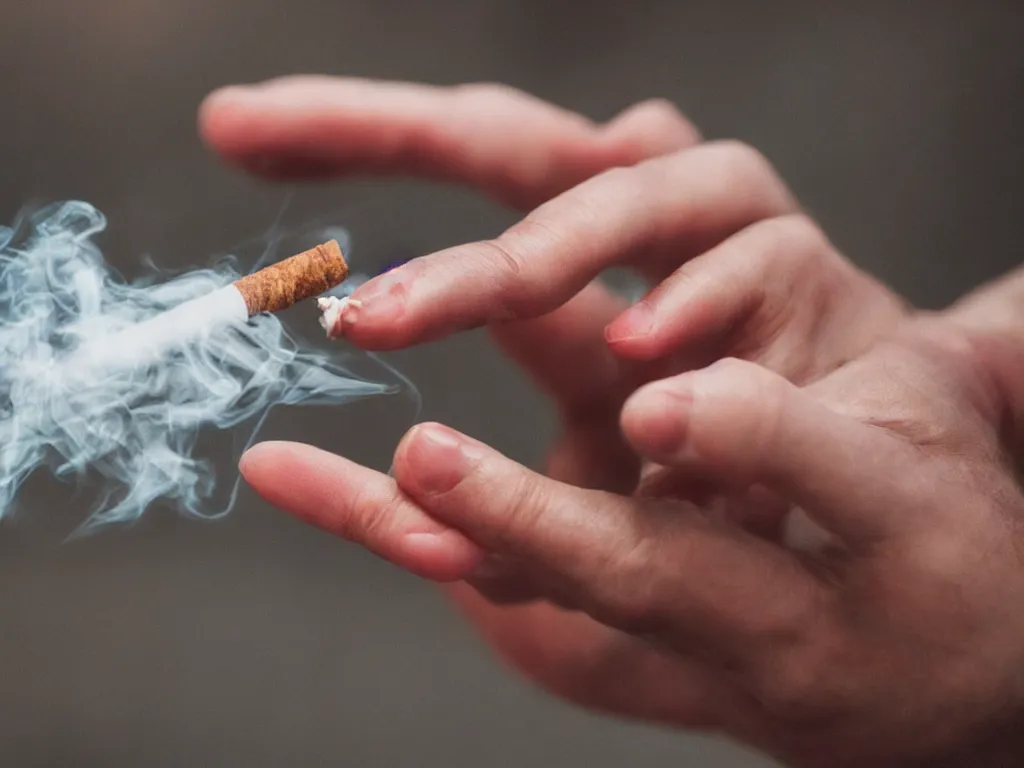 Image similar to Close-up view of hyperrealistic thin soft hand holding cigarette with smoke, hyper realistic photo