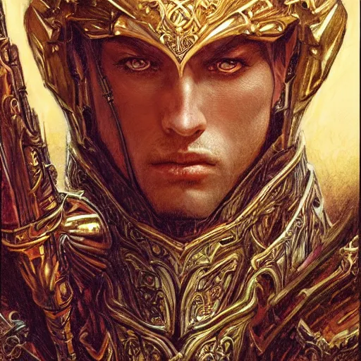 Image similar to Fantasy style portrait of a male paladin, castle setting, intricate, elegant, highly detailed, matte, sharp focus, illustration, art by Donato Giancola and Bayard Wu, gustav moreau, goward, wayne barlowe