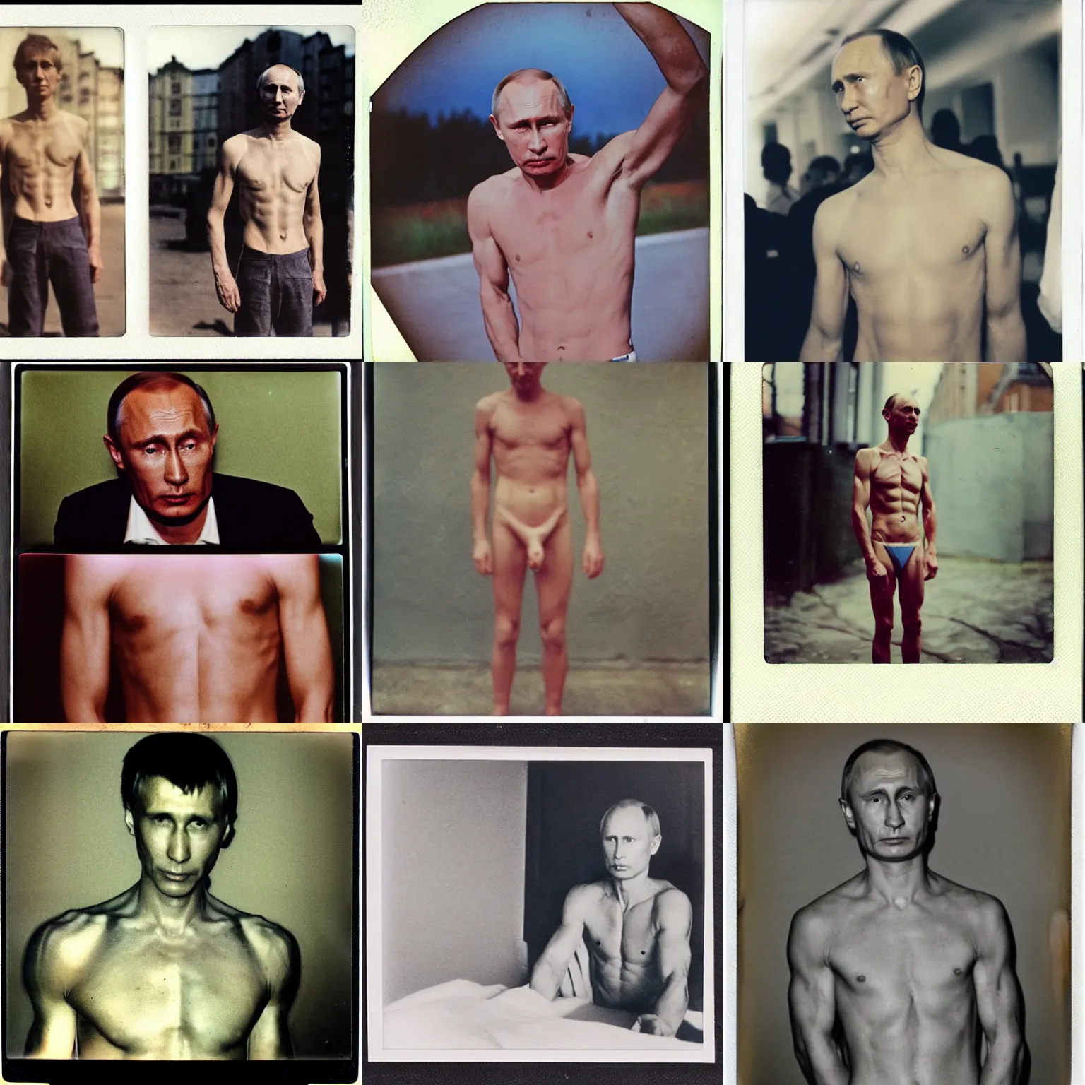 Prompt: vladimir putin without shirt as a anorexic in legnica, medium shot, photorealistic, polaroid, vintage, color, documentary photograph