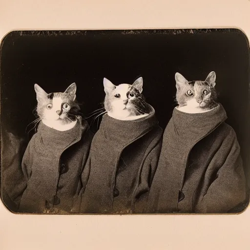 Image similar to daguerreotype of 3 cats in a trench coat
