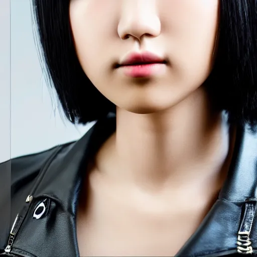 Prompt: perfect, realistic oil painting of close-up japanese young woman wearing leather jacket