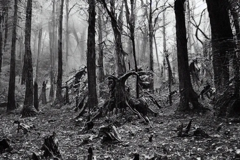 Image similar to photo of monsters lurking on the forest, unsettling atmosphere, eerie, bizarre, horror