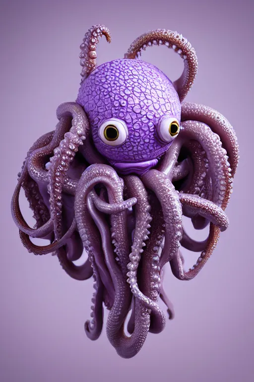 Prompt: 3 d sculpture white porcelain cobweb made of octopus tentacles and eyes, floating in purple space, gold details, very detailed, highly intricate, ornate, pearlescent, octane render, 8 k,