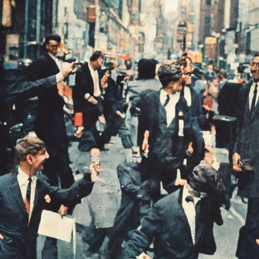 Image similar to portrait of a happy man in a suit in the streets of new york, 1 9 6 0 s, colour film street photography, photo taken with ektachrome, featured on flickr, photographed on damaged film