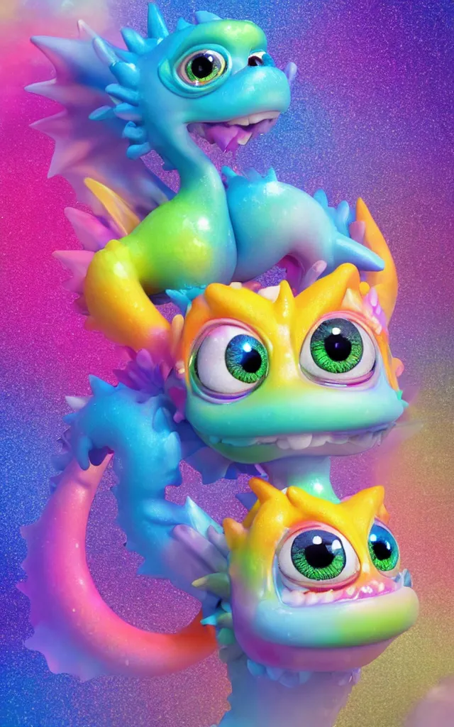 Prompt: a cute baby dragon, big eyes, pixar animation style, soft fur, by jeff koons, by lisa frank, octane render, by takashi murakami, toy, glitter, sparkly, colorful, spectral color, 5 d, ultra - hd, happy, good, mini, volumetric lighting